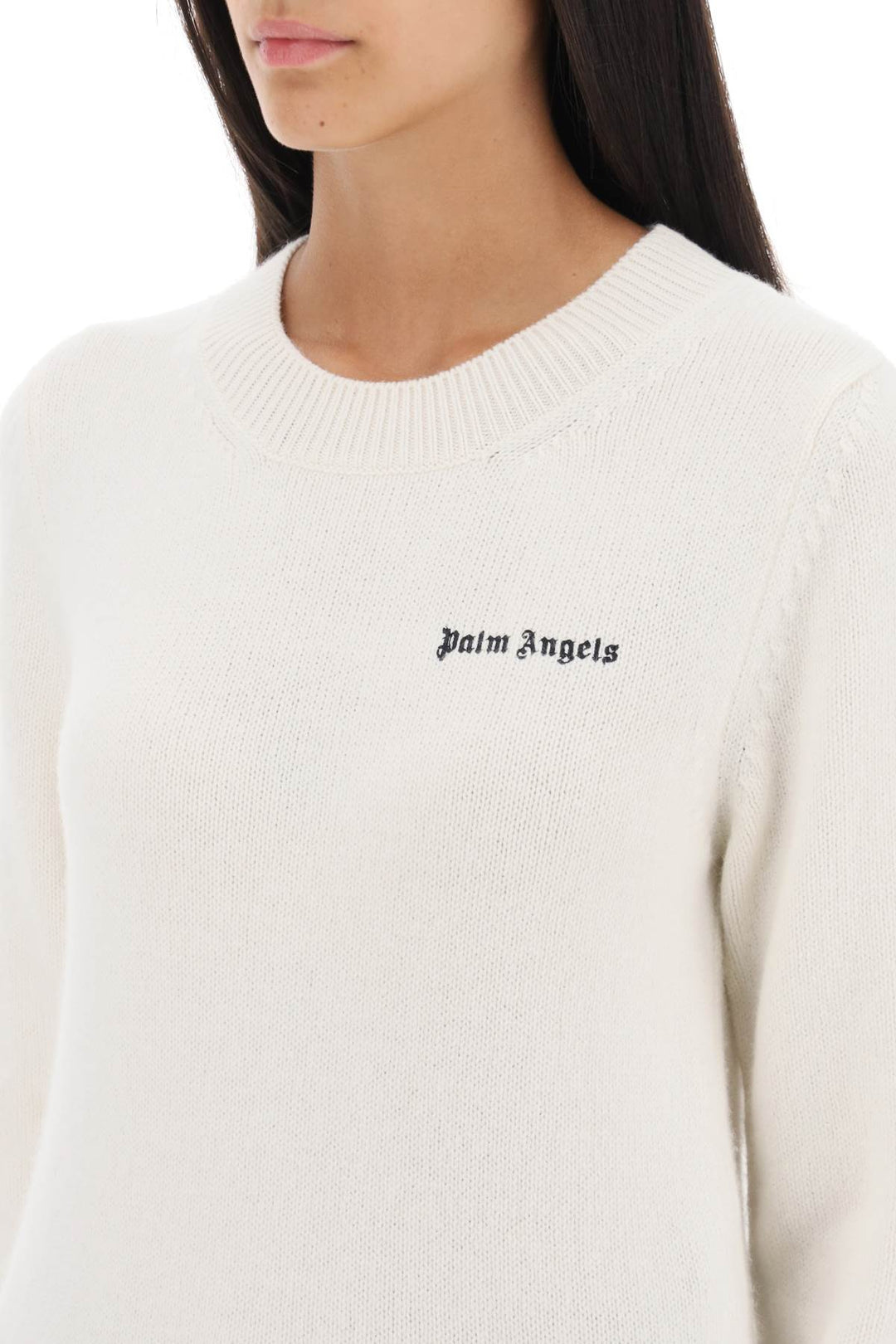 Palm Angels Cropped Sweater With Logo Embroidery   Bianco