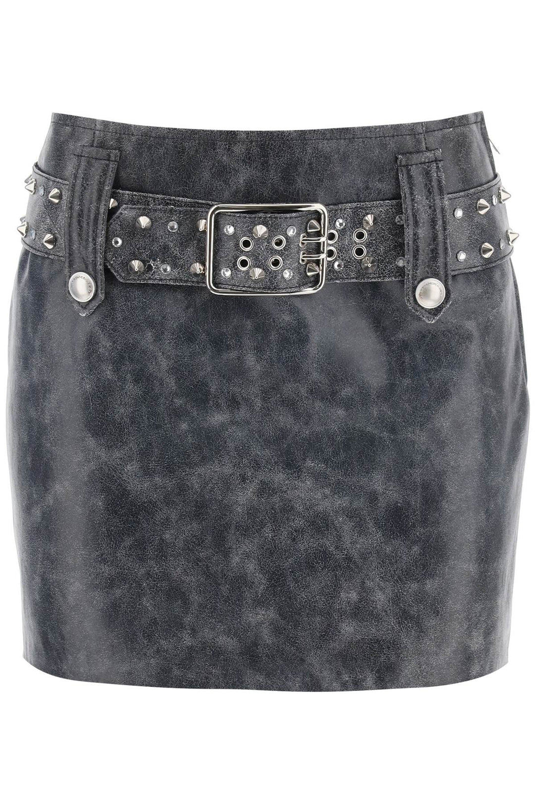 Alessandra Rich Leather Mini Skirt With Belt And Appliques   Grigio