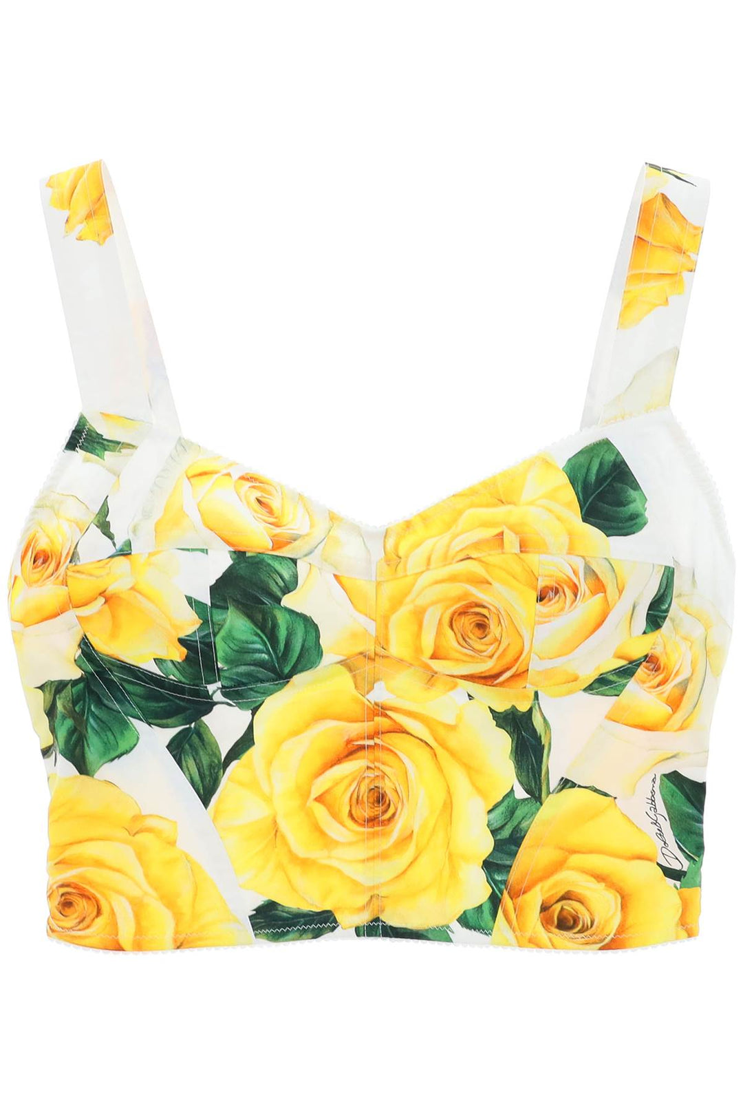 Dolce & Gabbana Cotton Bustier Top With Yellow Rose Print   Verde