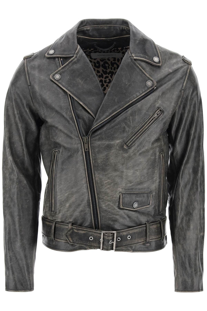 Golden Goose Vintage Effect Leather Biker Jacket   Nero