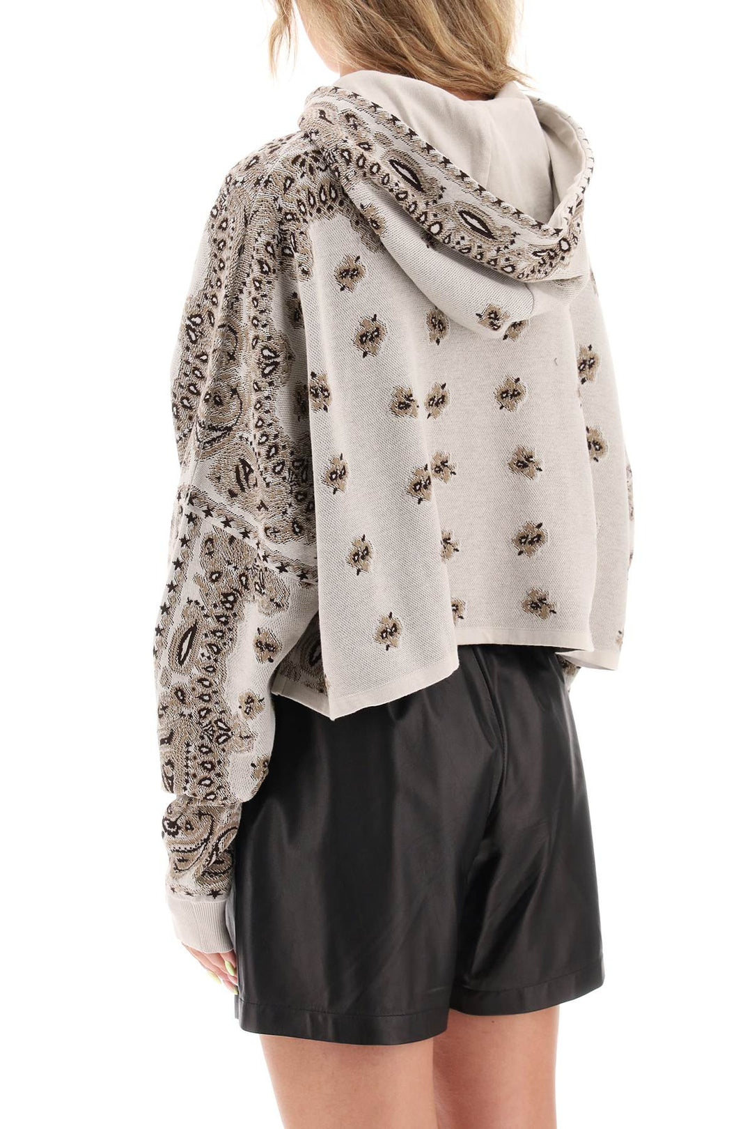 Amiri Knitted Cropped Hoodie With Bandana Motif   Beige