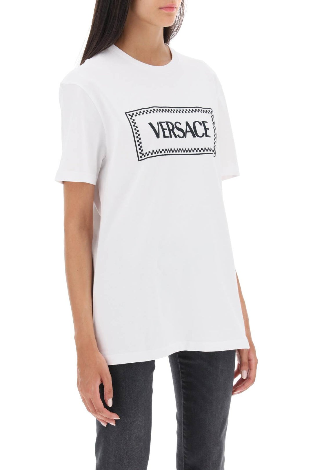 Versace T Shirt With Logo Embroidery   Bianco