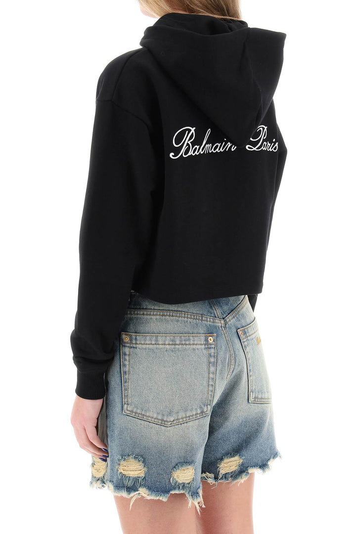 Balmain Cropped Hoodie With Logo Embroidery   Nero