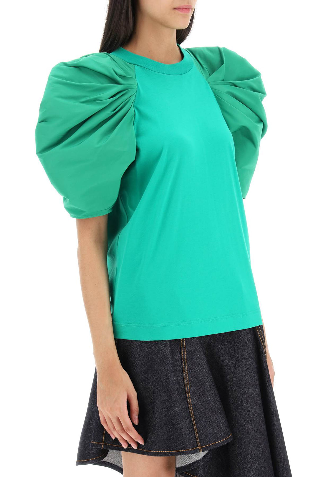 Alexander Mcqueen T Shirt With Ruched Balloon Sleeves In Poly Faille   Verde