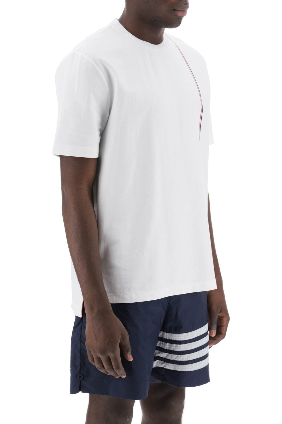 Thom Browne Crewneck T Shirt With Tricolor Intarsia   Bianco