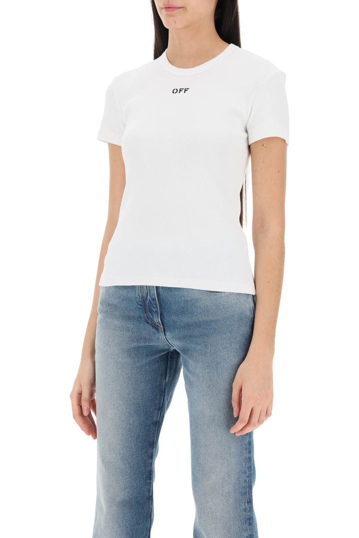 Off White Ribbed T Shirt With Off Embroidery   Bianco