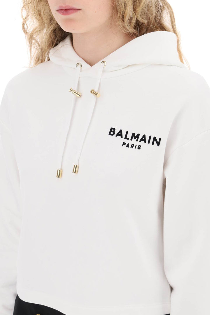 Balmain Cropped Hoodie With Flocked Logo   Bianco