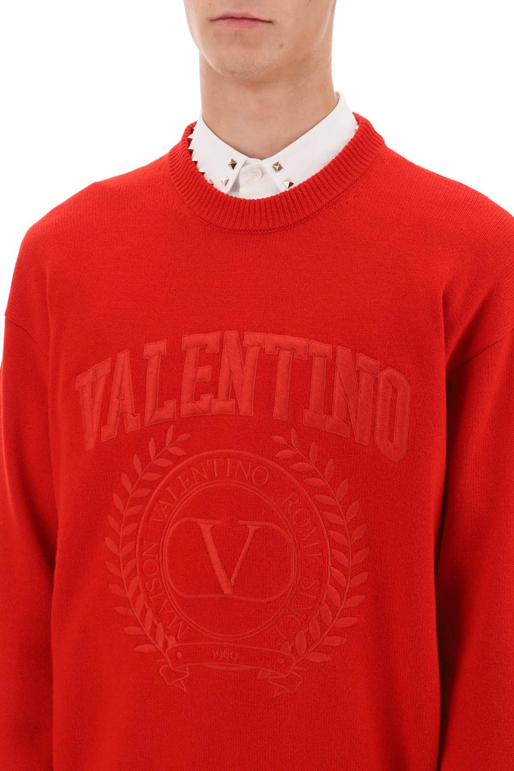 Valentino Garavani Crew Neck Sweater With Maison Valentino Embroidery   Rosso