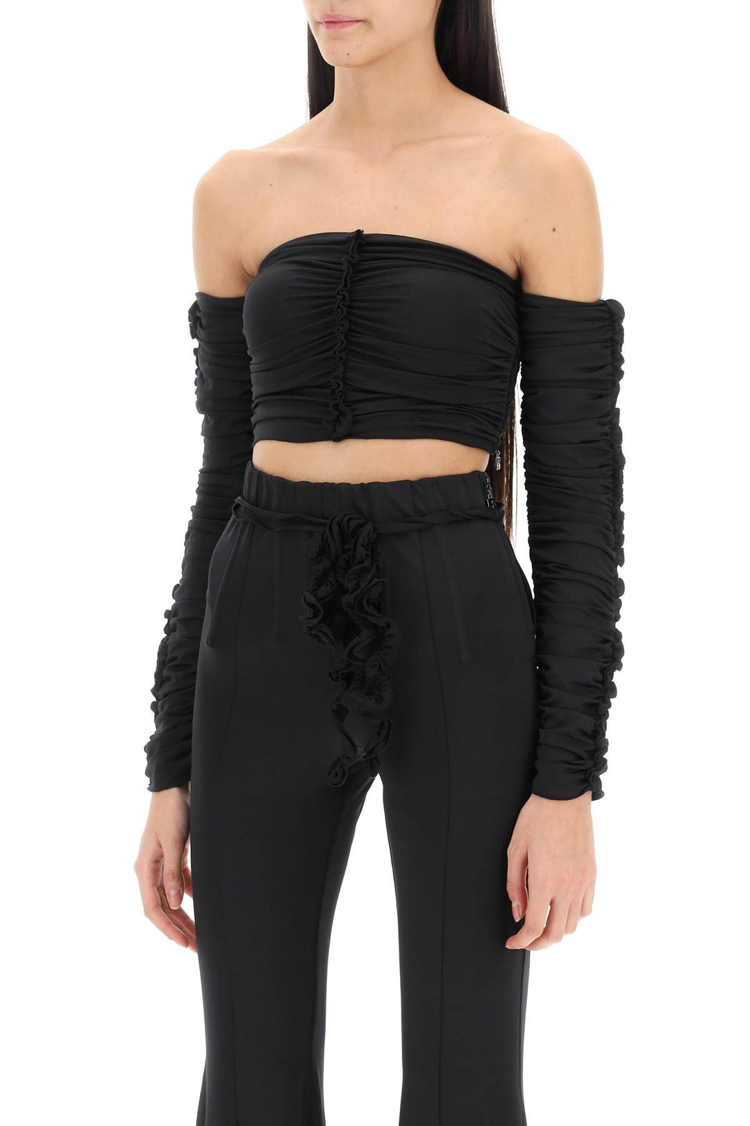 Rotate Ruched Off Shoulder Cropped Top   Nero