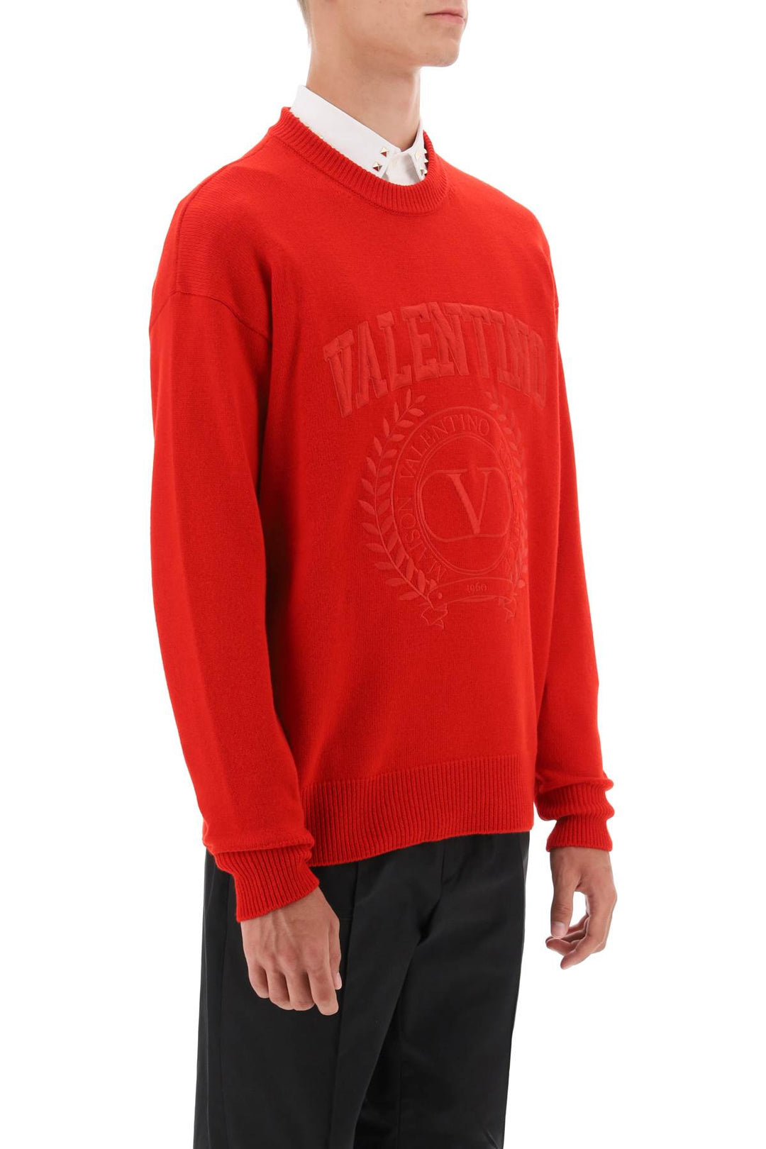 Valentino Garavani Crew Neck Sweater With Maison Valentino Embroidery   Rosso