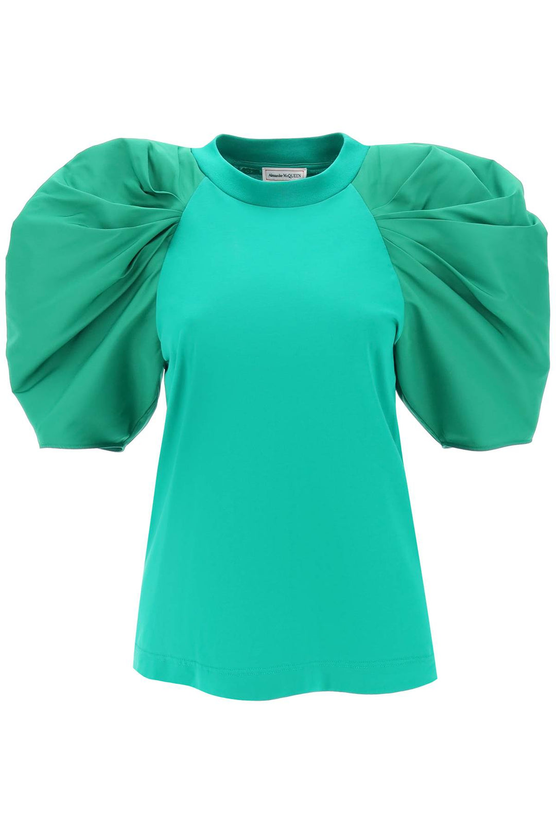 Alexander Mcqueen T Shirt With Ruched Balloon Sleeves In Poly Faille   Verde