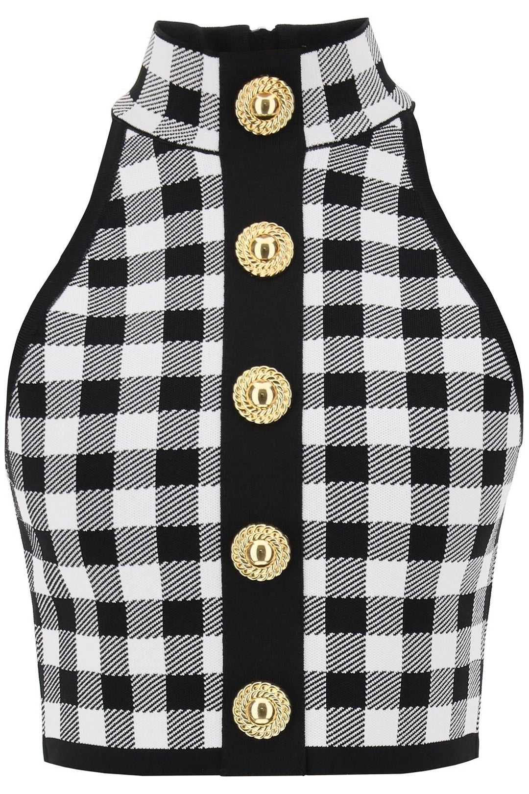Balmain Gingham Knit Cropped Top With Embossed Buttons   Bianco