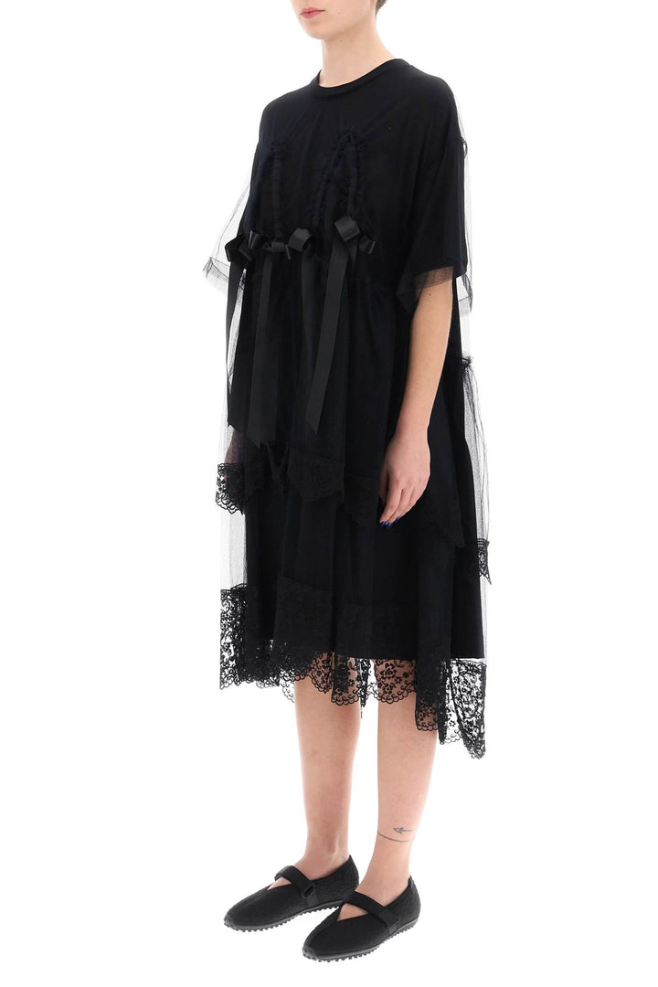 Simone Rocha Midi Dress In Mesh With Lace And Bows   Nero