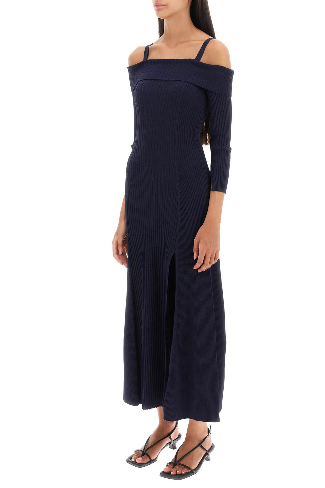 Ganni Long Knitted Off The Shoulder Dress   Blu