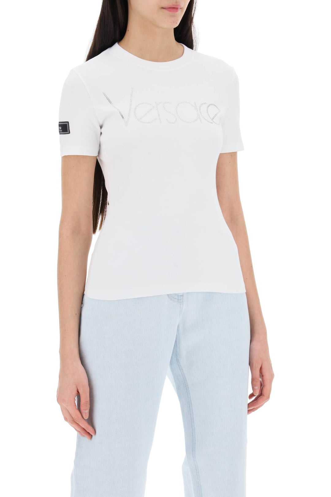 Versace Replace With Double Quotelogo Rhinestone T Shirt   Bianco