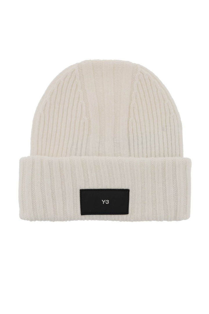 Y 3 Beanie Hat In Ribbed Wool With Logo Patch   Bianco
