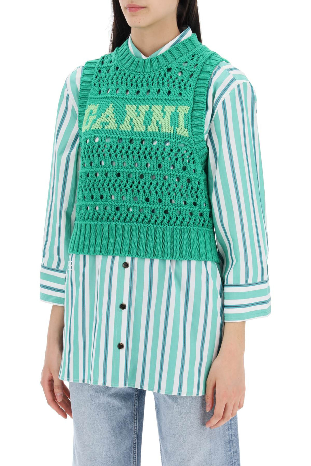 Ganni Open Stitch Knitted Vest With Logo   Verde