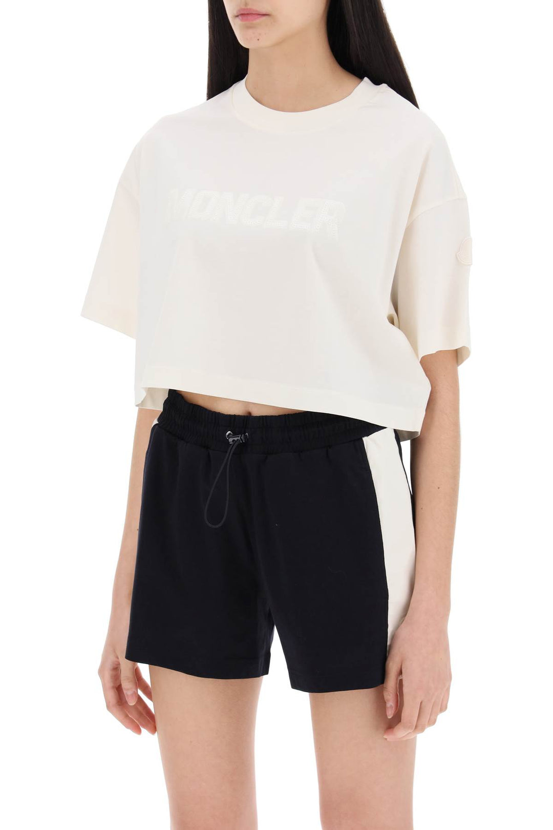 Moncler Cropped T Shirt With Sequin Logo   Bianco