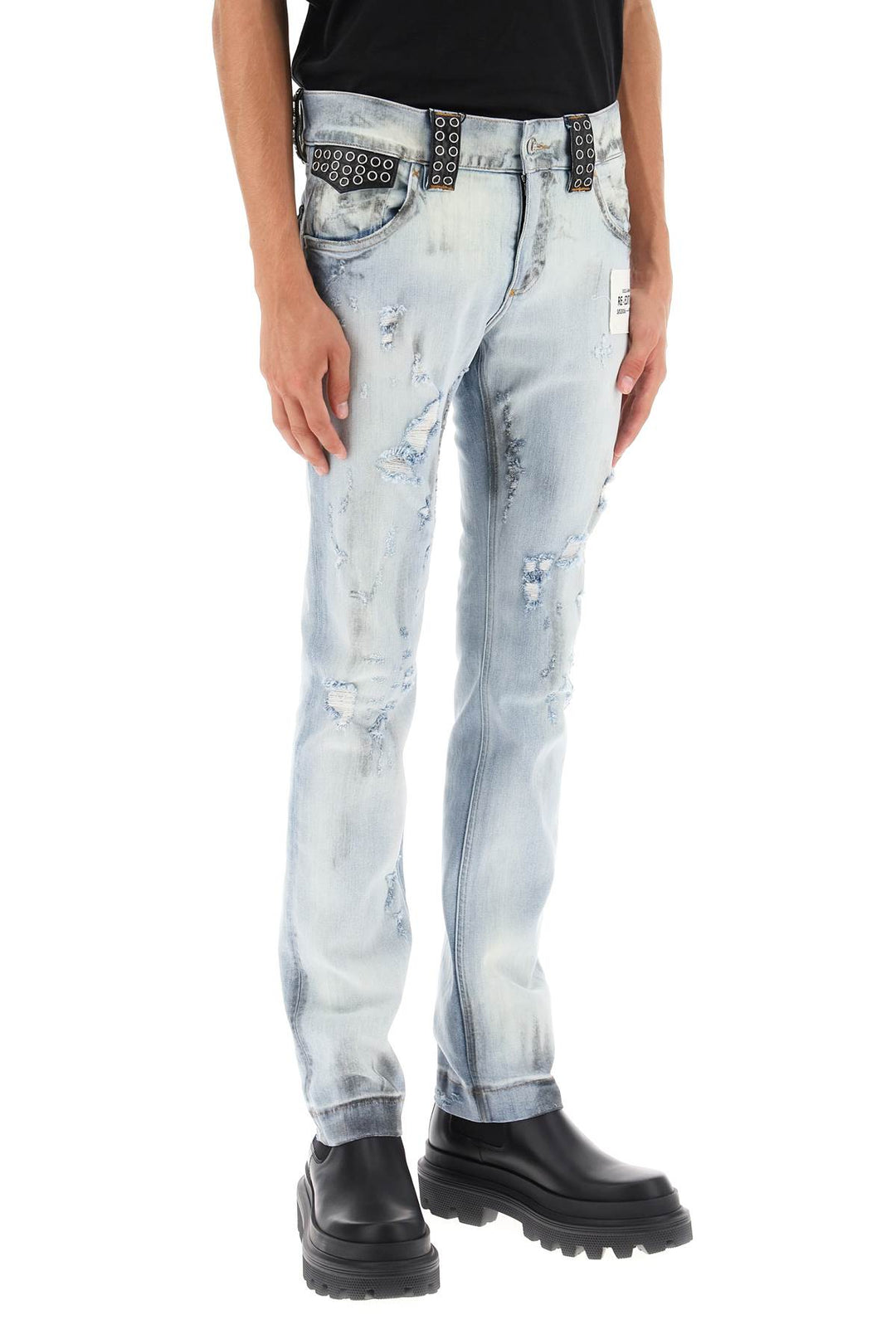 Dolce & Gabbana Re Edition Jeans With Leather Detailing   Celeste