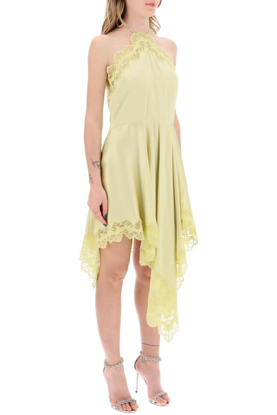 Stella Mc Cartney Asymmetric Satin Dress With Lace Detail   Giallo