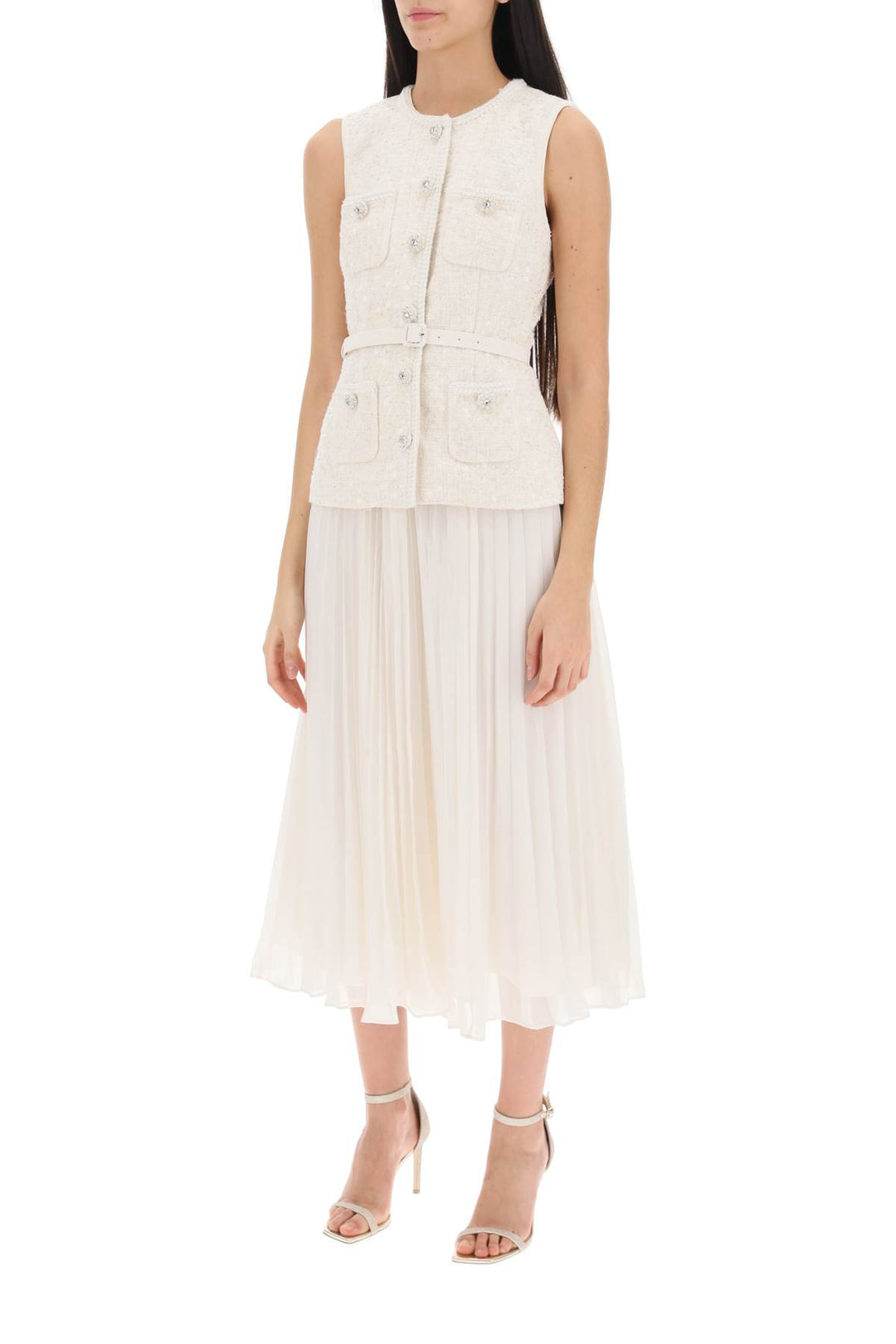 Self Portrait Midi Peplum Dress With Pleated Skirt   Bianco