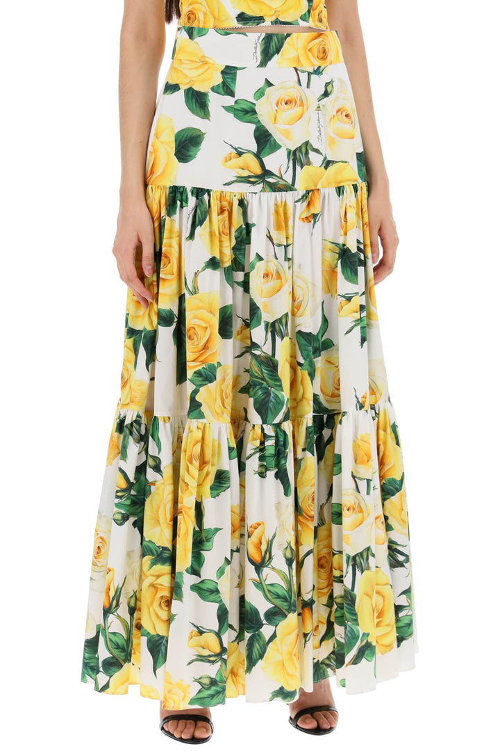 Dolce & Gabbana Replace With Double Quotelong Skirt With Ruffle Details And Yellow Rose   Bianco