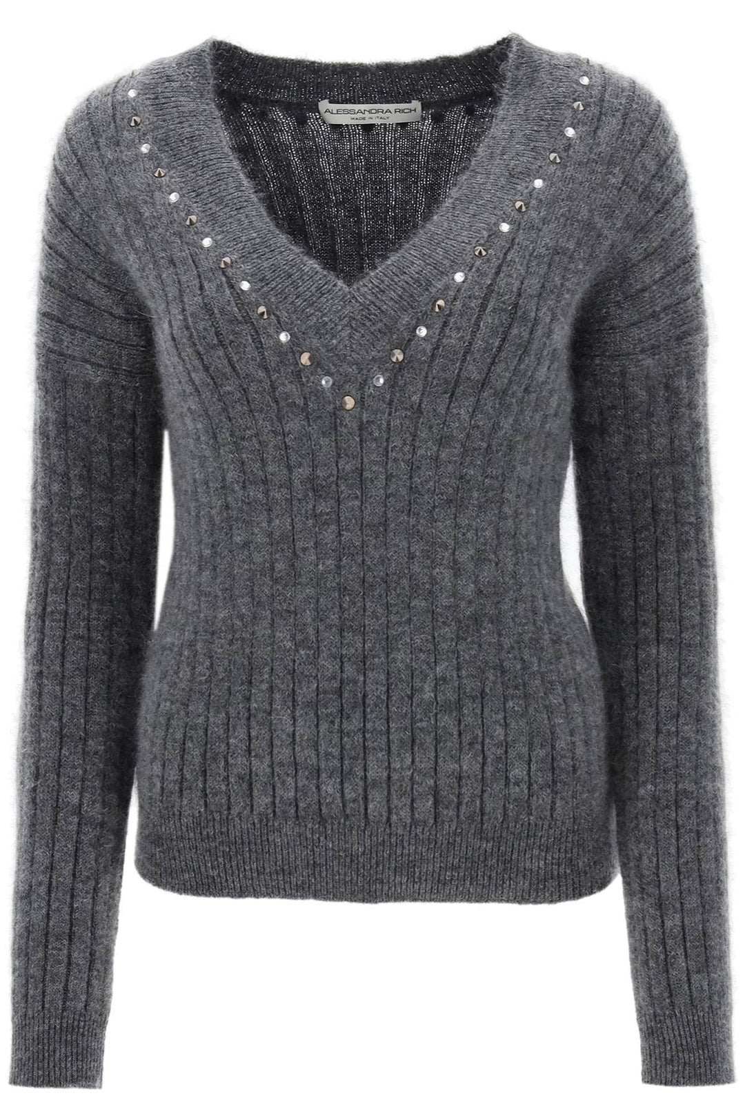 Alessandra Rich Wool Knit Sweater With Studs And Crystals   Grigio