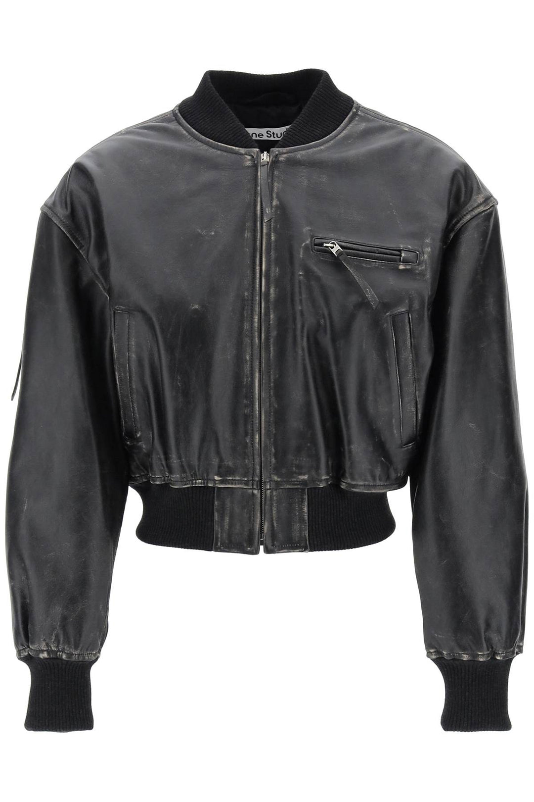 Acne Studios Aged Leather Bomber Jacket With Distressed Treatment   Nero