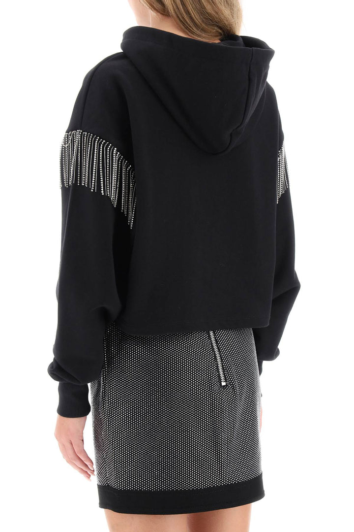 Balmain Cropped Hoodie With Rhinestone Studded Logo And Crystal Cupchains   Nero