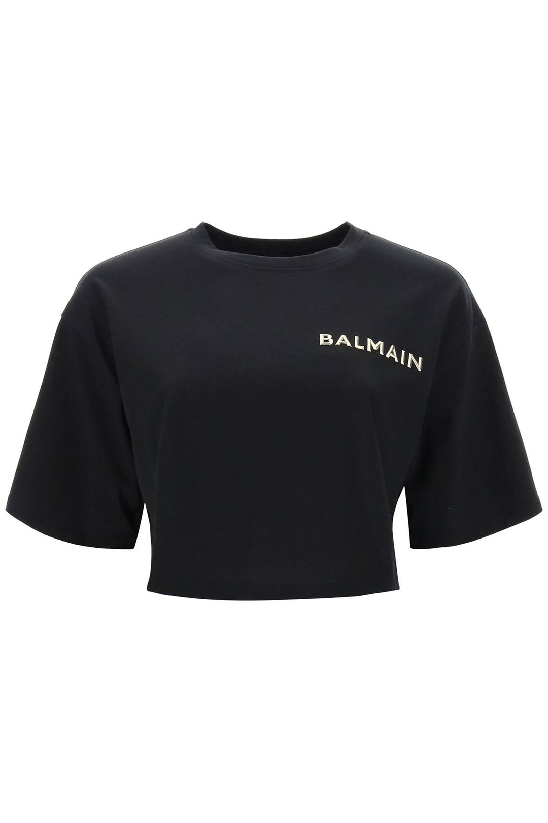 Balmain Cropped T Shirt With Metallic Logo   Nero