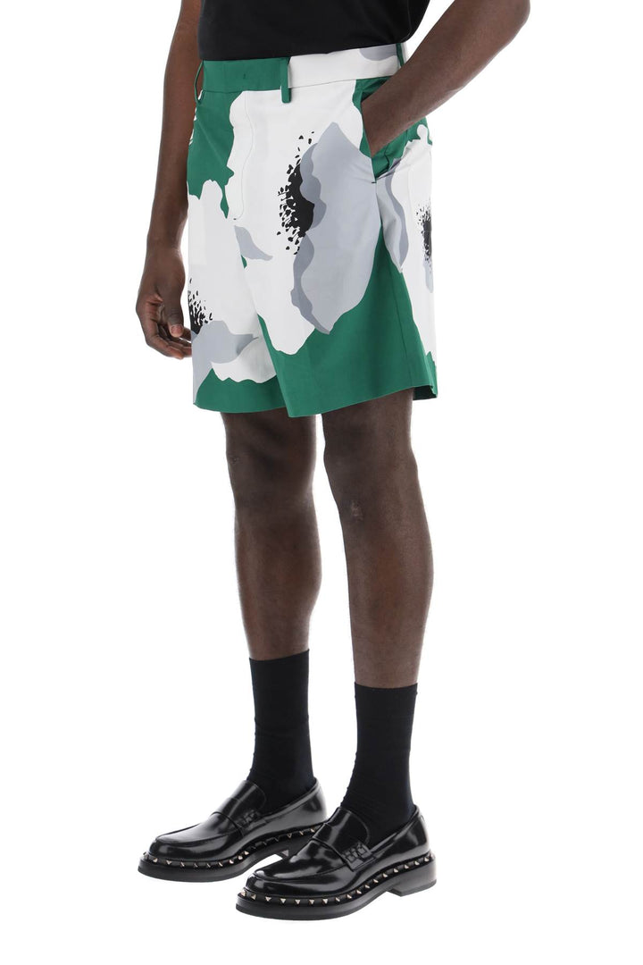 Valentino Garavani Replace With Double Quoteflower Portrait Print Poplin Bermuda Shorts   Verde