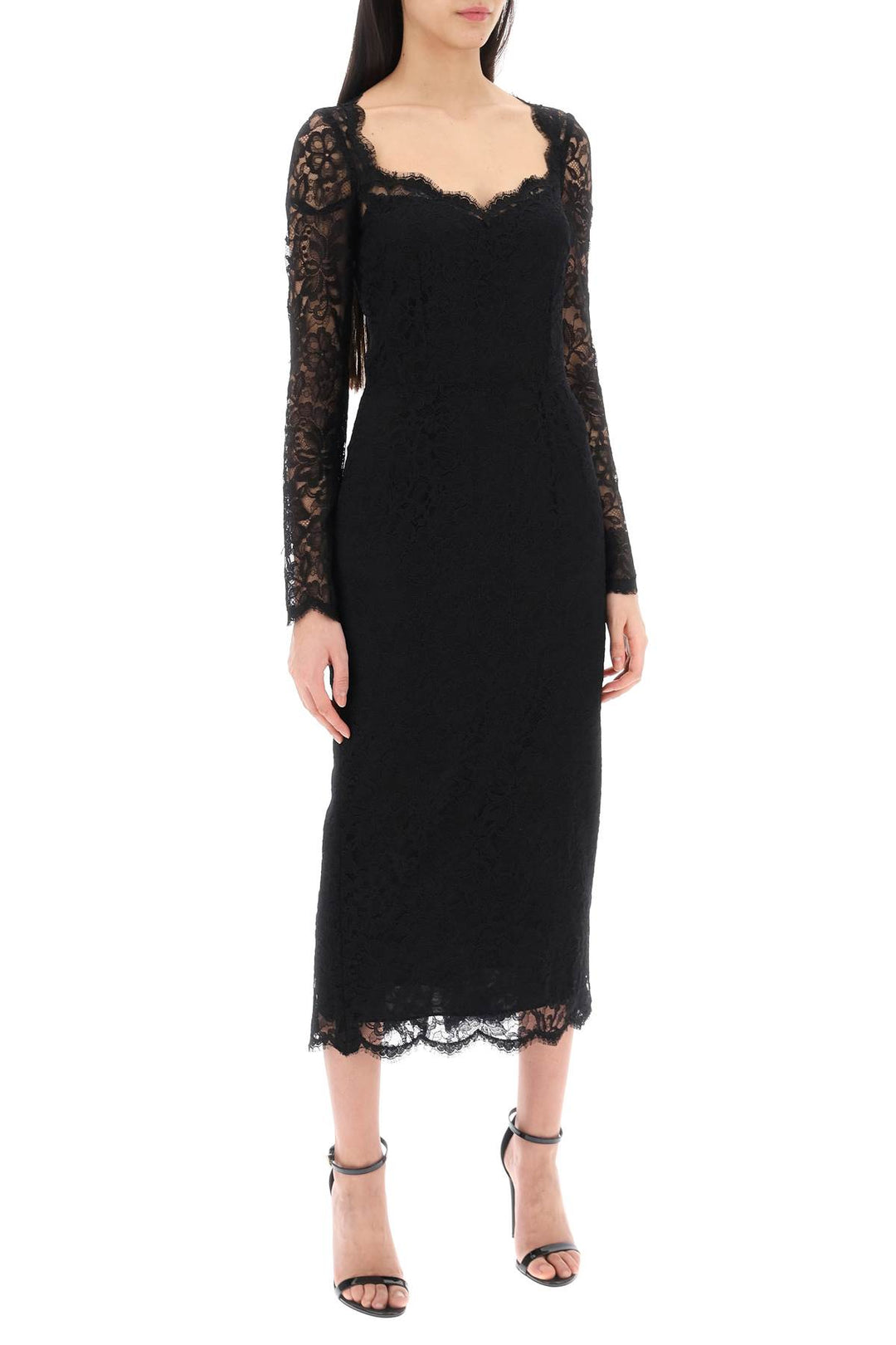 Dolce & Gabbana Midi Dress In Floral Chantilly Lace   Nero