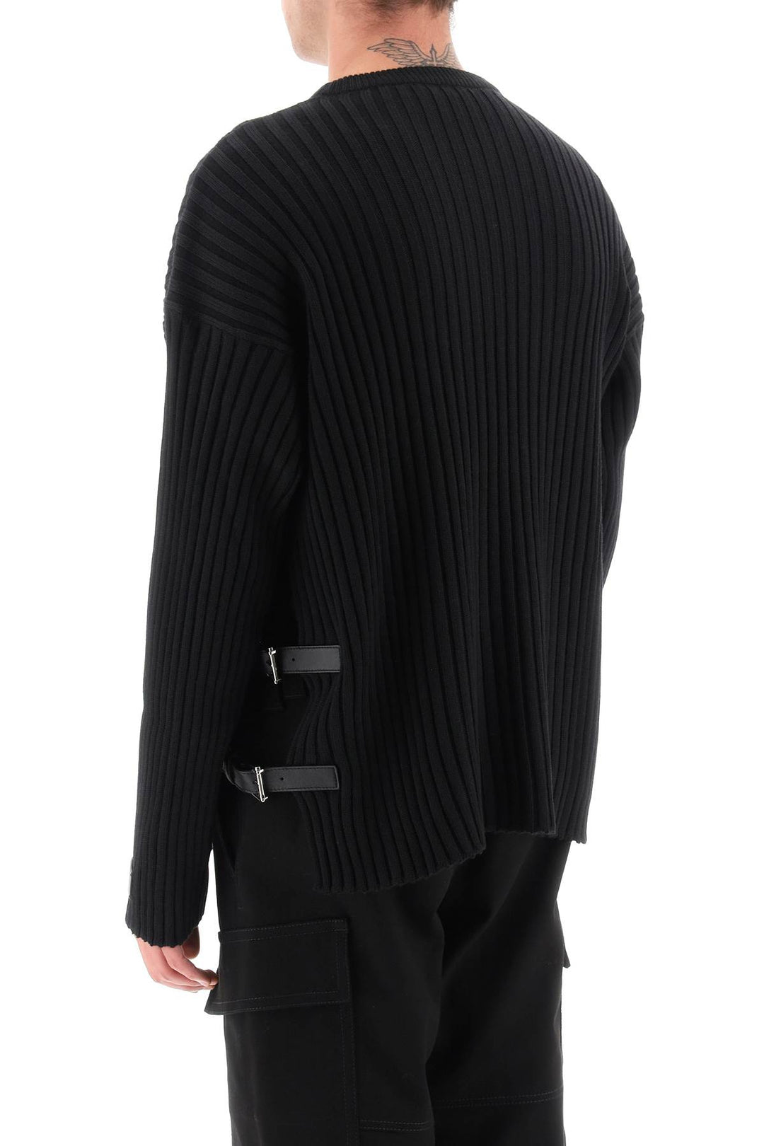 Versace Ribbed Knit Sweater With Leather Straps   Nero