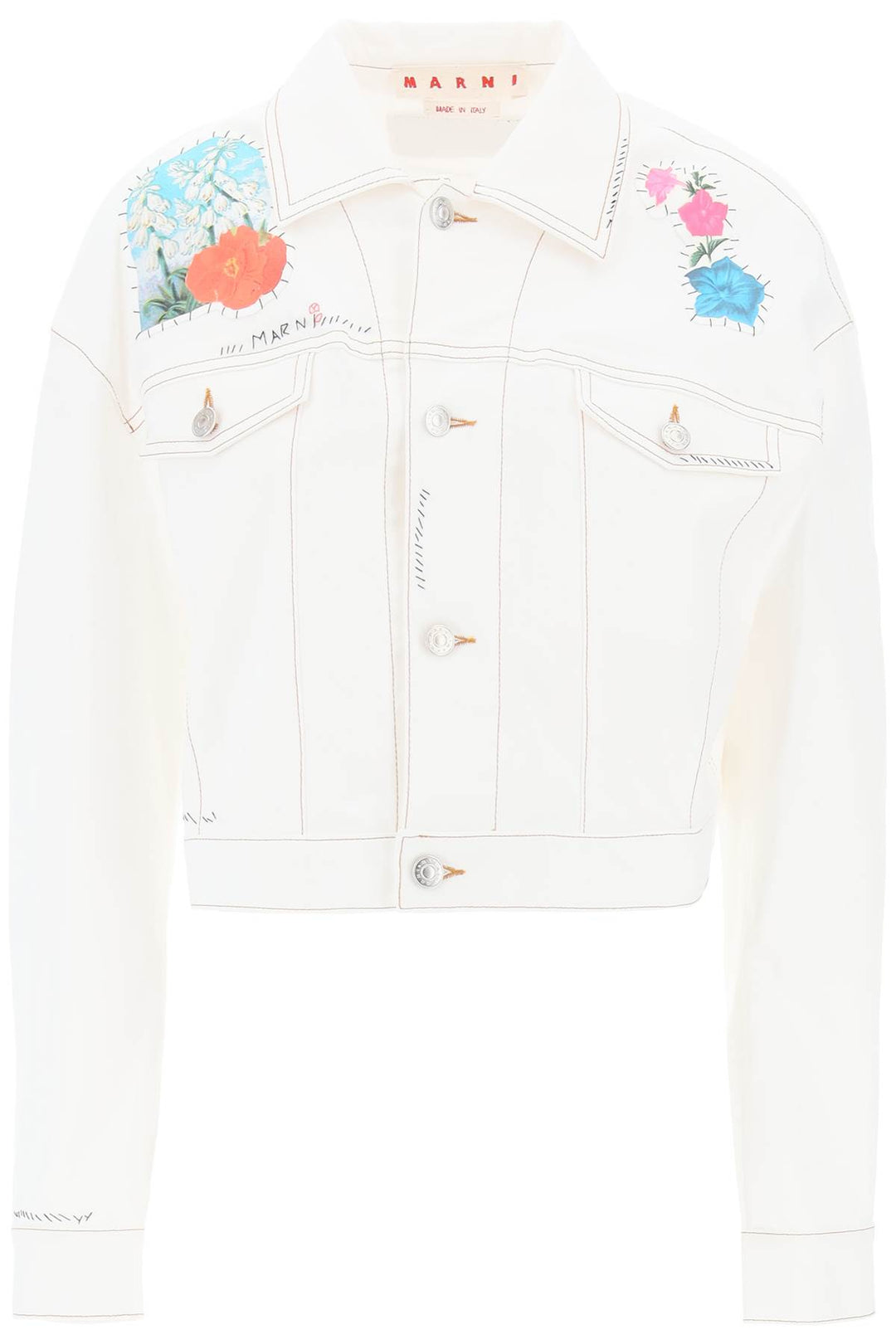 Marni Replace With Double Quotecropped Denim Jacket With Flower Patches And Embroideryreplace With Double Quote   Bianco
