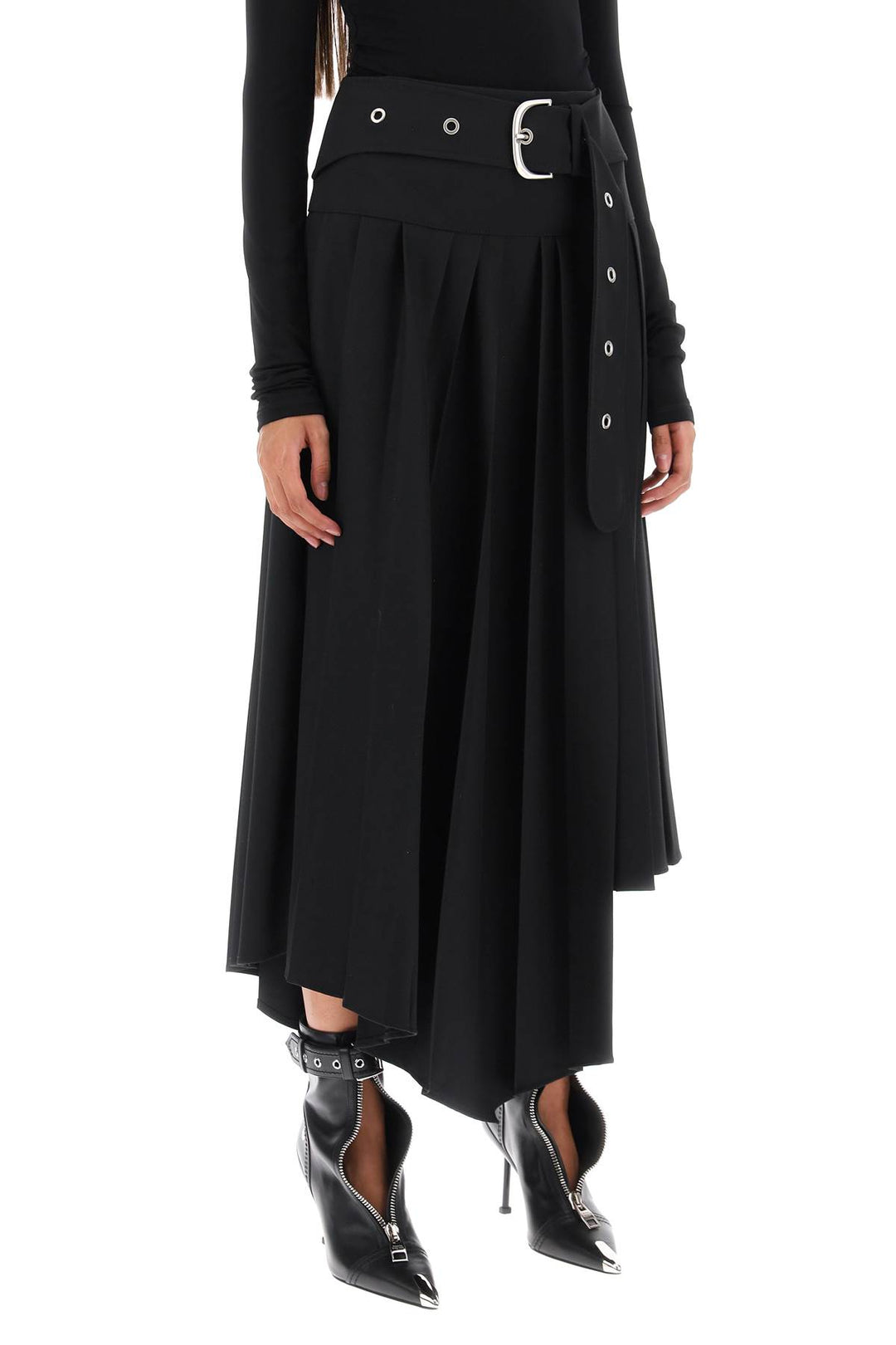 Off White Belted Tech Drill Pleated Skirt   Nero