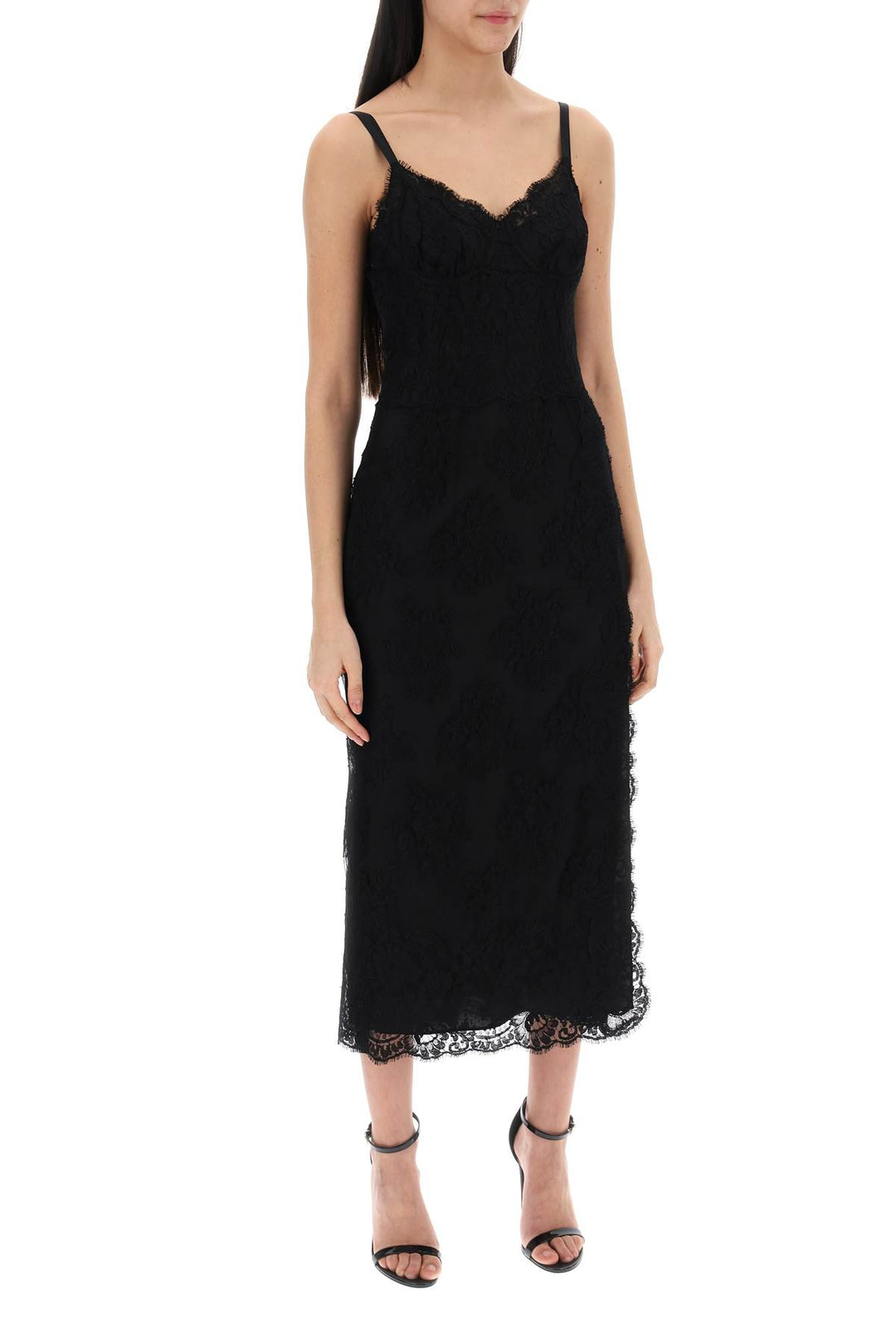 Dolce & Gabbana Midi Lace Dress With Slit   Nero