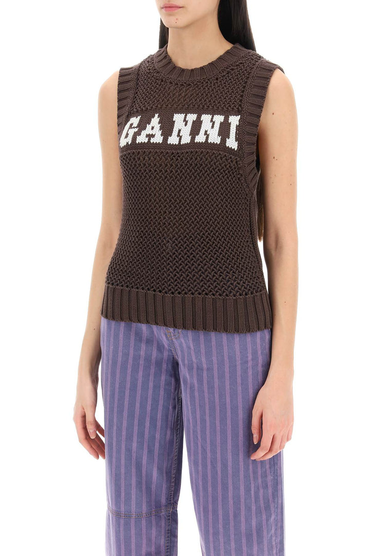 Ganni Open Stitch Knitted Vest With Logo   Marrone