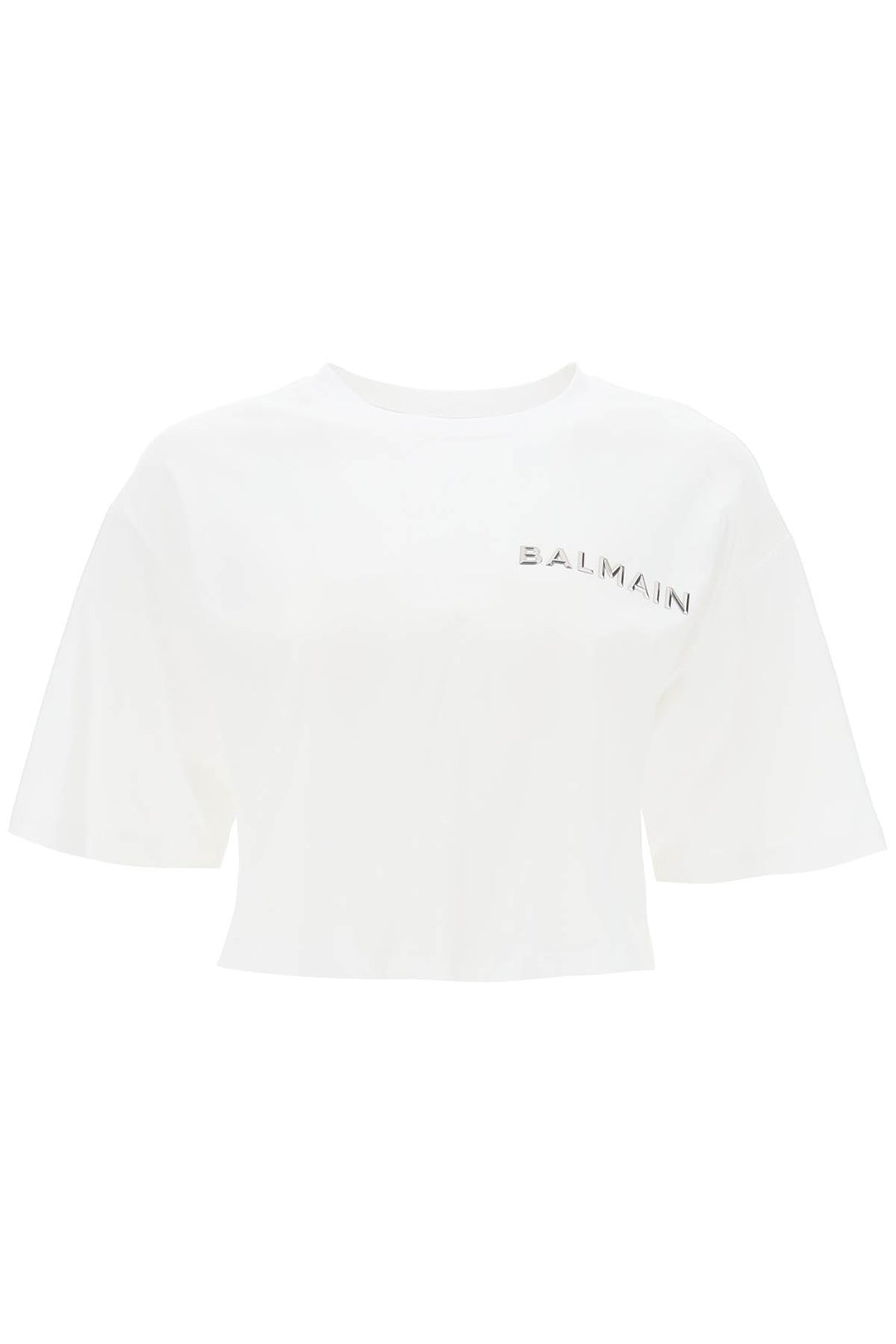 Balmain Cropped T Shirt With Metallic Logo   Bianco