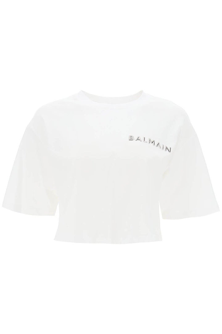 Balmain Cropped T Shirt With Metallic Logo   Bianco