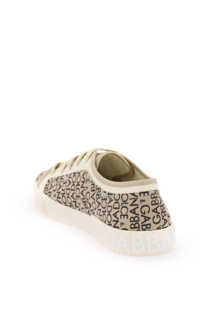 Dolce & Gabbana Portofino Vintage Printed Canvas Sneakers   Beige