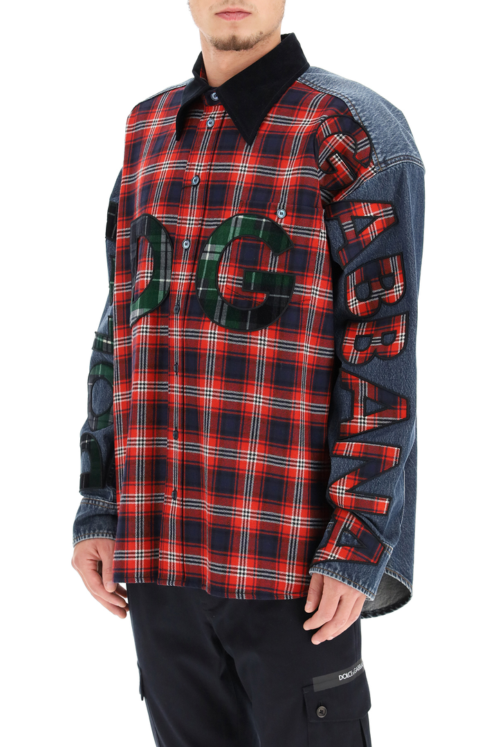Dolce & Gabbana Oversized Denim And Flannel Shirt With Logo   Rosso