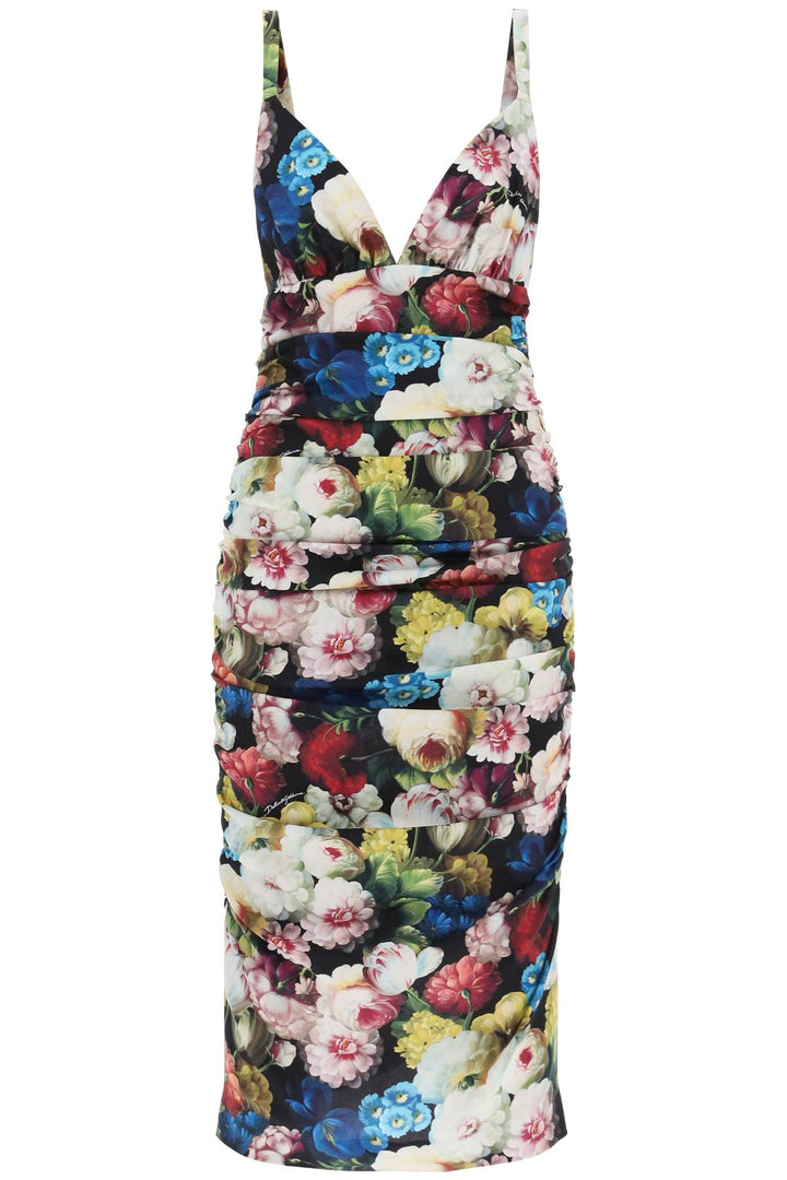 Dolce & Gabbana Nocturnal Flower Draped Midi Dress   Multicolor