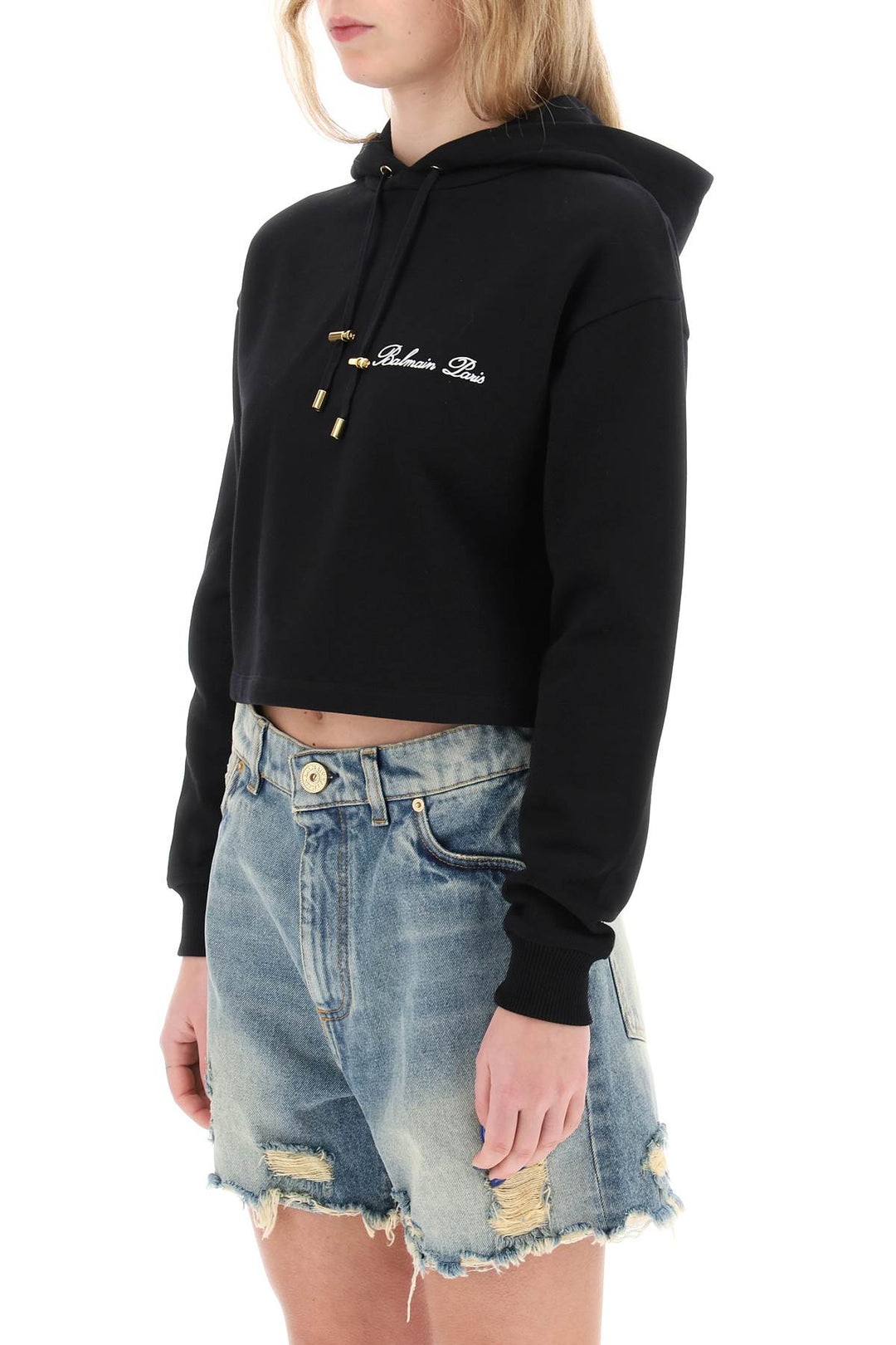 Balmain Cropped Hoodie With Logo Embroidery   Nero