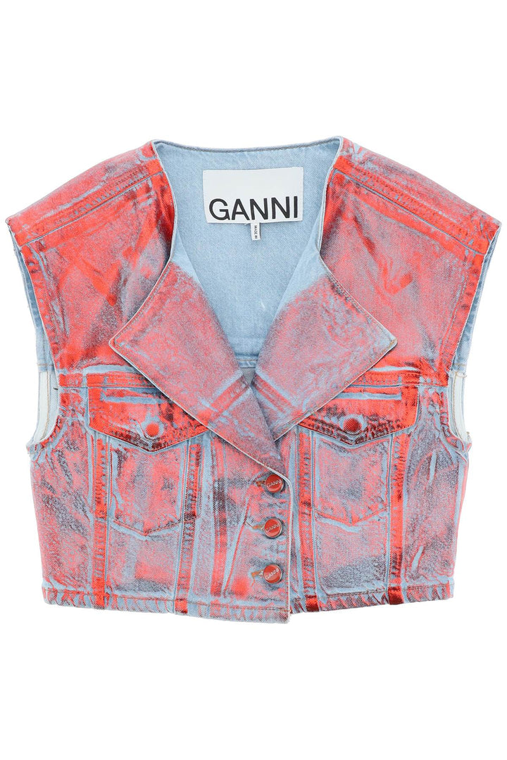 Ganni Cropped Vest In Laminated Denim   Blu
