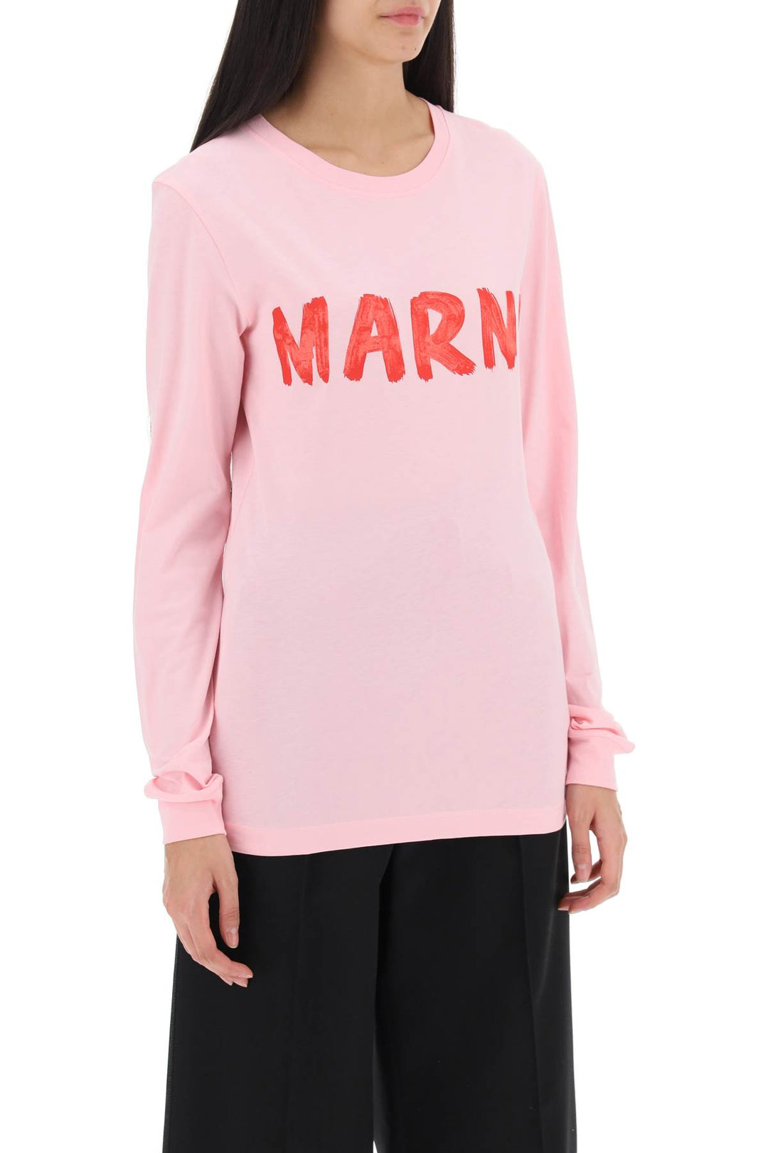 Marni Brushed Logo Long Sleeved T Shirt   Rosa