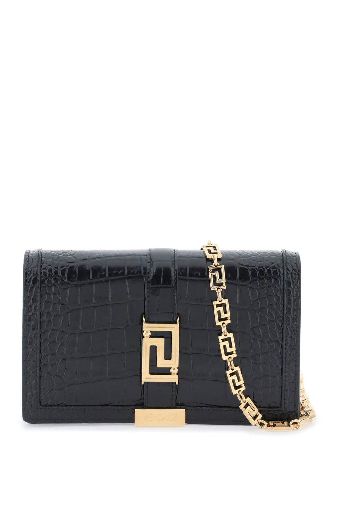 Versace Croco Embossed Leather Greca Goddes Crossbody Bag   Nero