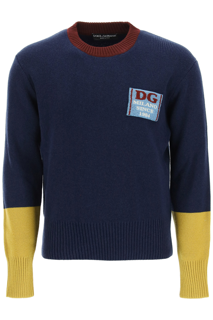 Dolce & Gabbana Wool Sweater With Logo Patch   Blu