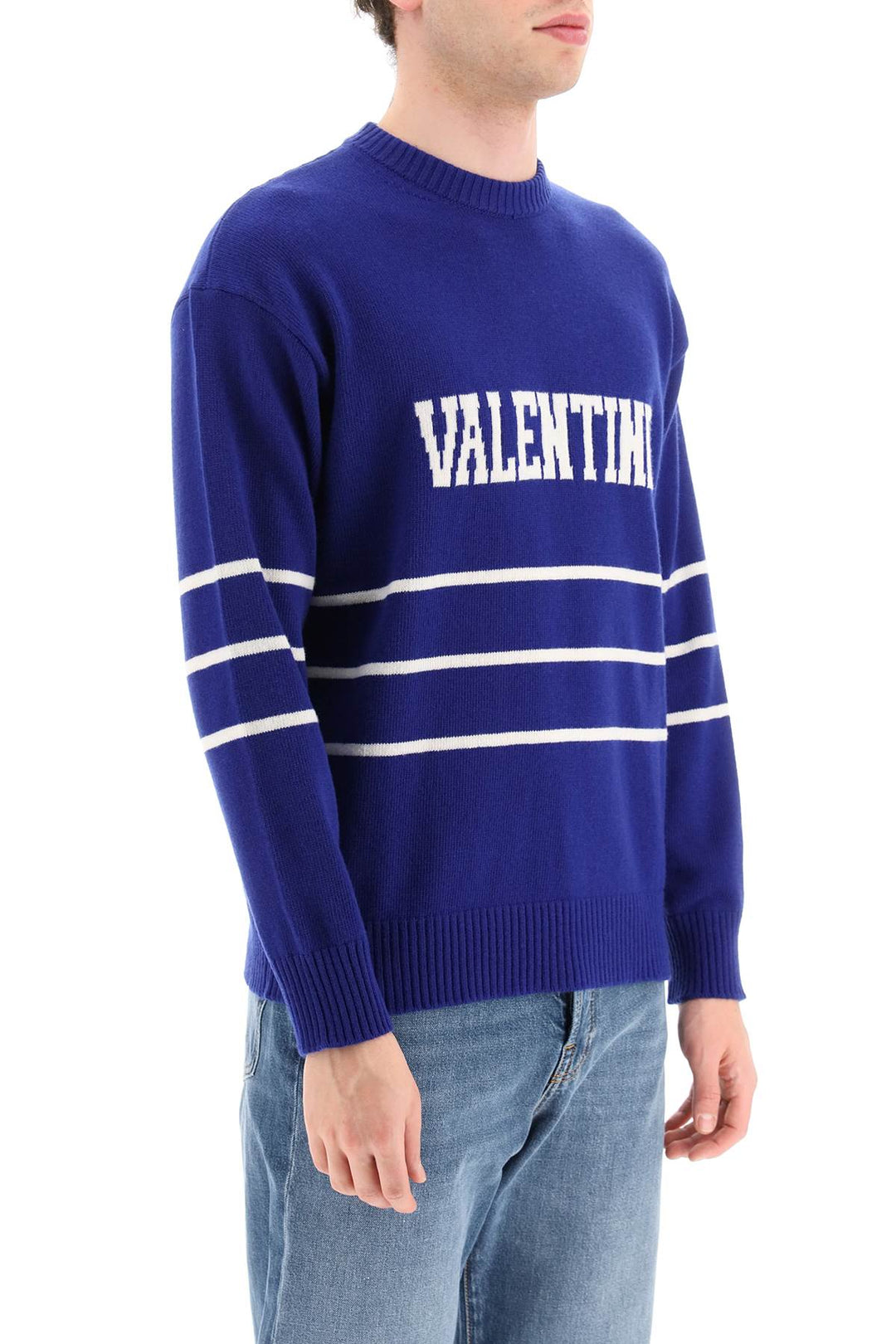 Valentino Pullover With Jacquard Lettering Logo   Blu