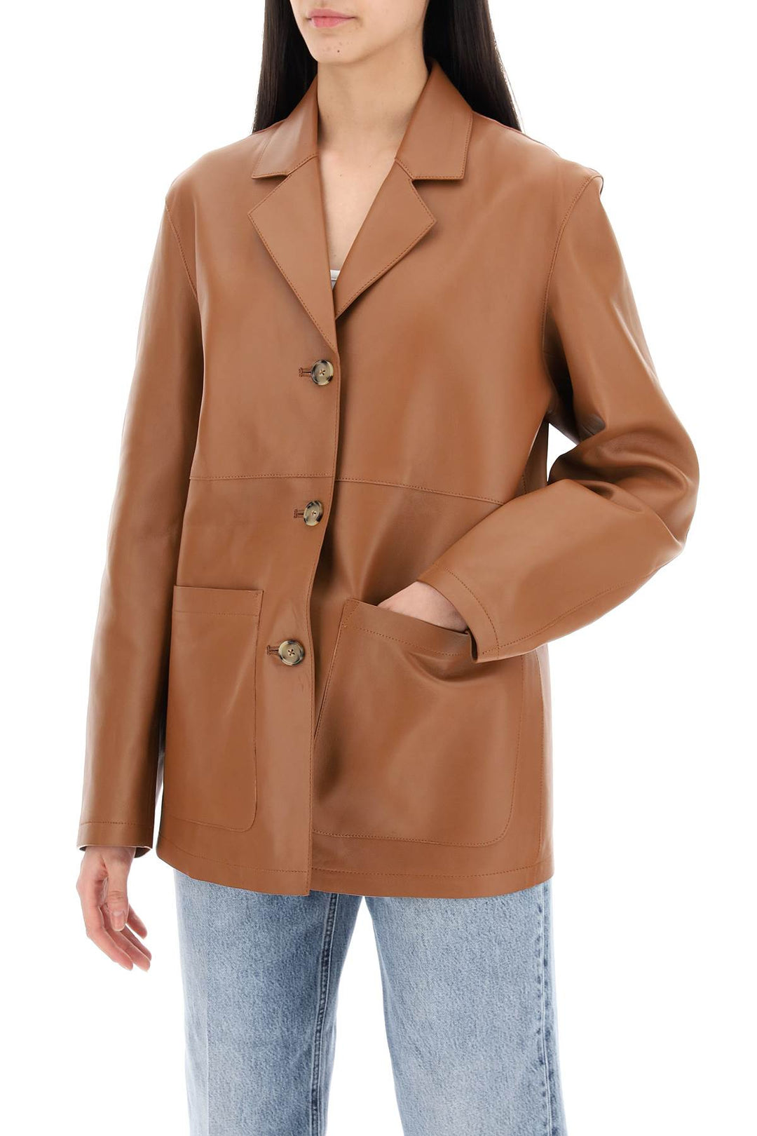 Toteme Single Breasted Leather Jacket   Marrone