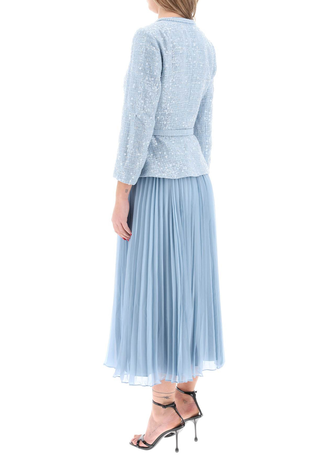 Self Portrait Midi Dress With Pleated Skirt   Light Blue